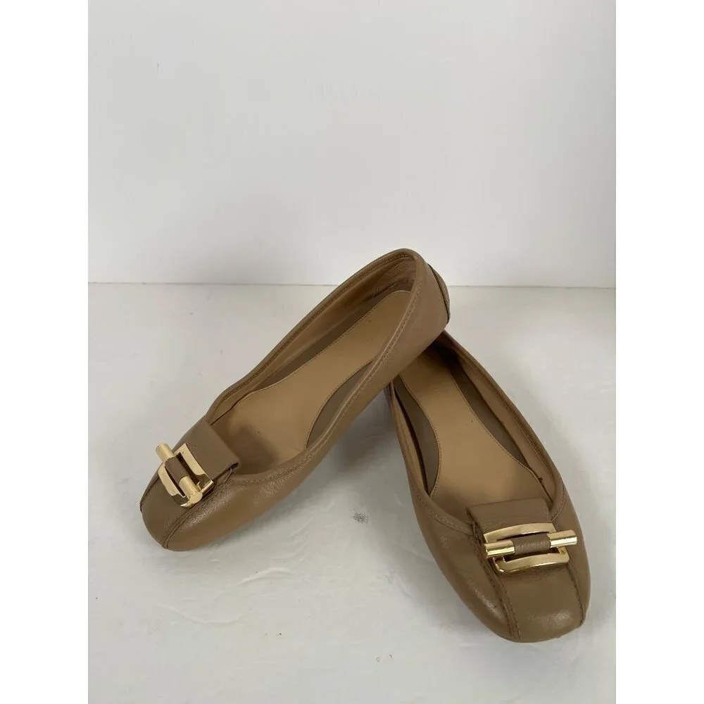 Michael Kors Size 6.5 Tan Balletcore Flats Leather Ballet‎ Gold Buckle Detail
